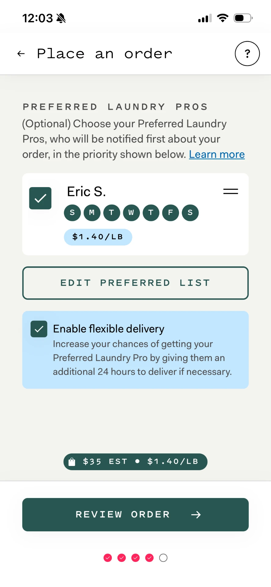 The repeat order flow's Preferred Laundry Pros screen, with a Review Order button and no coverage step in between