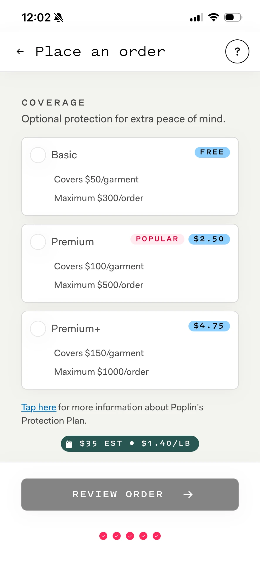 Poplin's coverage tier selection screen, showing Basic, Premium, and Premium+ options