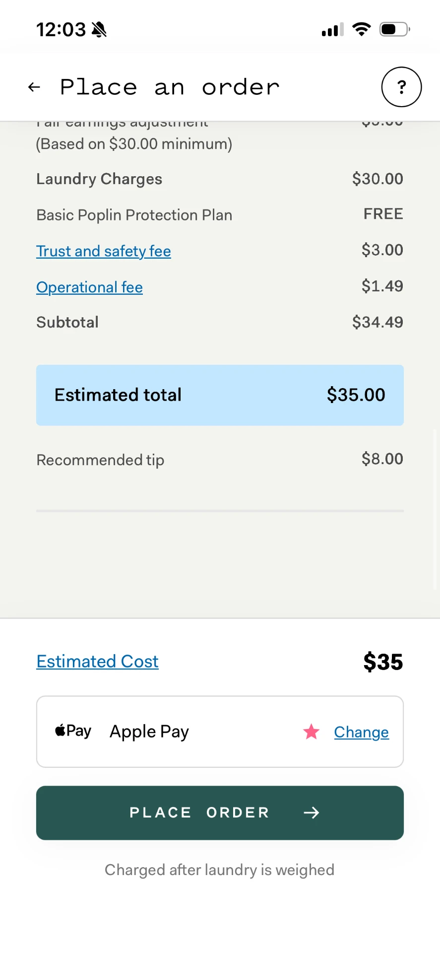 Repeat order cost breakdown showing Basic Poplin Protection Plan as FREE, with no option to change it